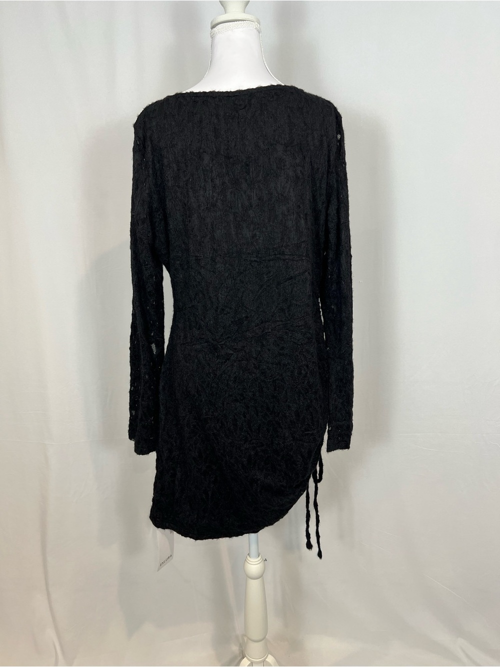 Long-Sleeve Black Lace Knit Dress with Side Ruched Tie - Picture 12 of 16